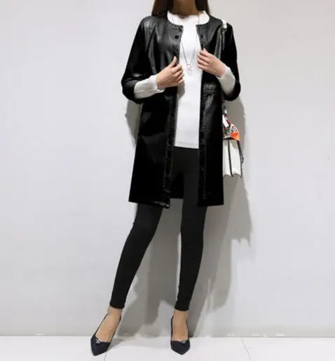 black JQNZHNL новые осенние женские кожаные куртки средней длины модные однобортные повседневные кожаные пальто с круглым вырезом P145 - Цвет: black