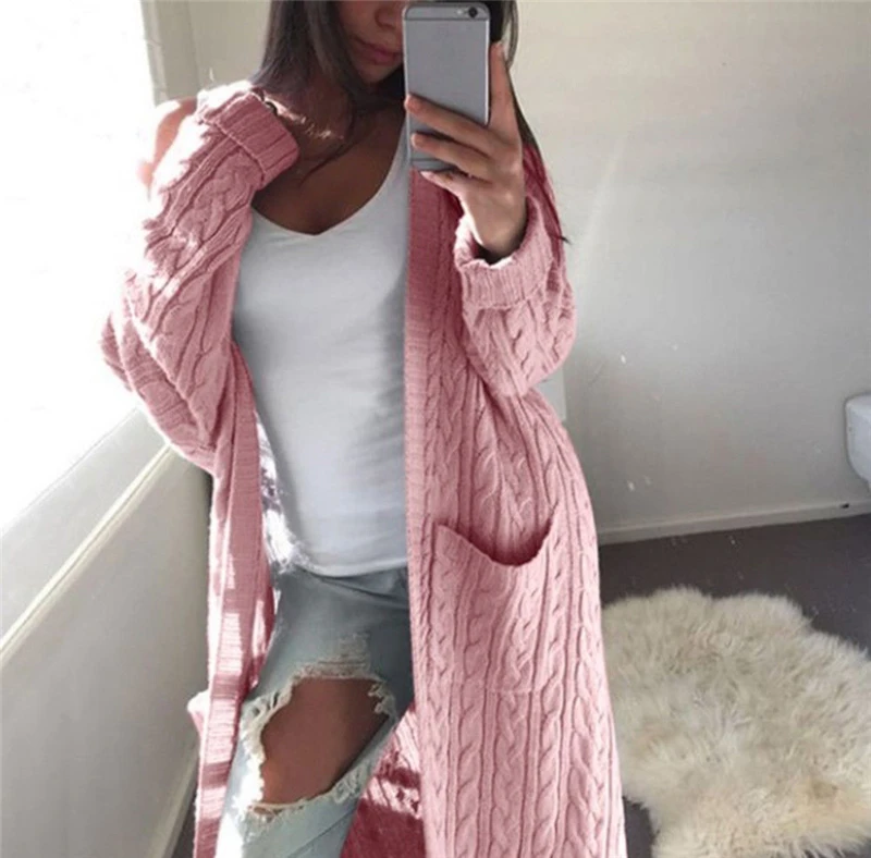 

New Fashion Women Casual Long Cardigan Sweater Long Casual Collar Knitted Pockets Outwear Coat