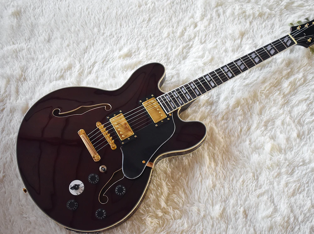 

Factory Custom Semi-Hollw Dark Red Electric Guitar with Gold Hardware,White Pearl Frets Inlay,White Binding,Can be Customized