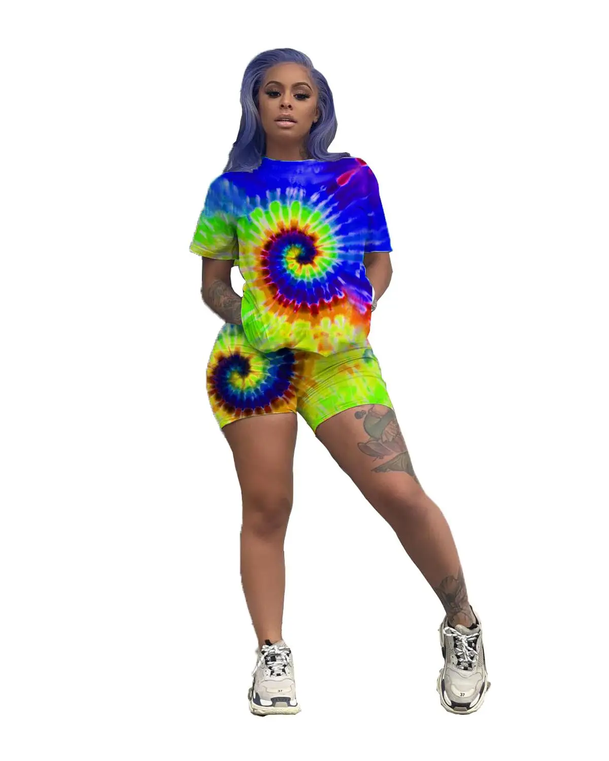 

2019 New Tie-dyed Printed Women Set 2 Piece Outfits Set Short Sleeve T Shirts Skinny Shorts Tracksuits Summer Style 5Colors