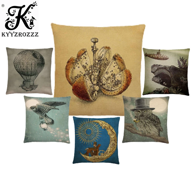 

Vintage Style Balloon Submarine Telescope Steampunk Machinery Gentleman Cap Moon Owl Prints Cushion Cover Sofa Throw Pillow Case