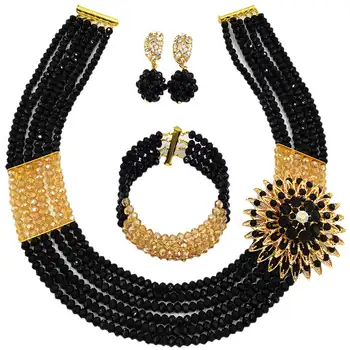 

Black Gold AB Crystal Beaded Necklace Earrings Nigerian Wedding African Beads Jewelry Set 6C-SS002