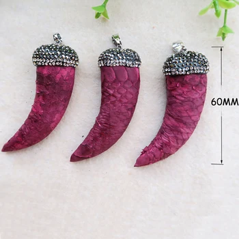 

1PCS Natural Stone wrap Snakeskin Tusk Horn Pendant,Pave Rhinestone Crystal Caps Charms,Jewelry necklace making supplies PD120