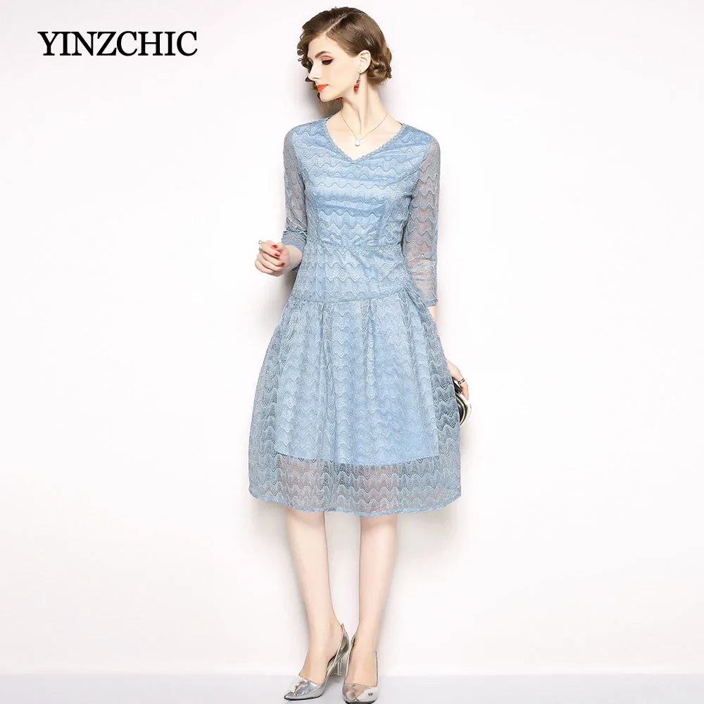 Light Blue Womans Lace Dress New Spring Female Casual Midi Dresses V ...