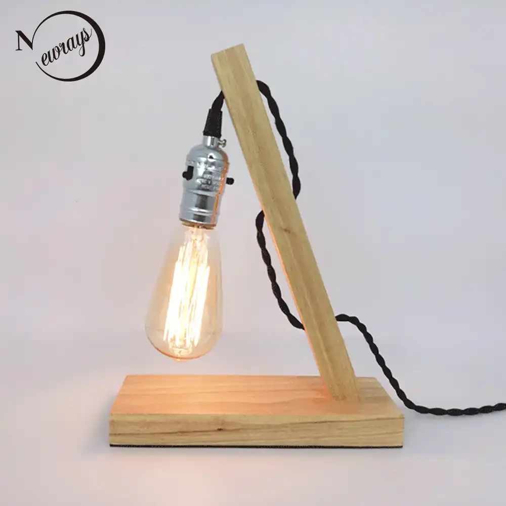 Loft Industrial Knob Switch Vintage Nature Wood Base Table Lamp