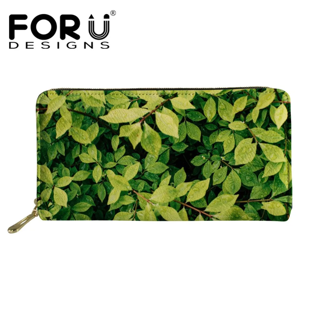 

FORUDESIGNS Multi-function Women Men Long Wallet 3D Leaf Printing Green Leather Purse Handbag Clutch Coin Card Holder for Lady