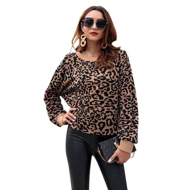 

2018 Autumn Women Leopard Print Sweater European Style Wild Knitted Patchwork Camel Tops Femme Winter Streetwear Khaki Pullovers