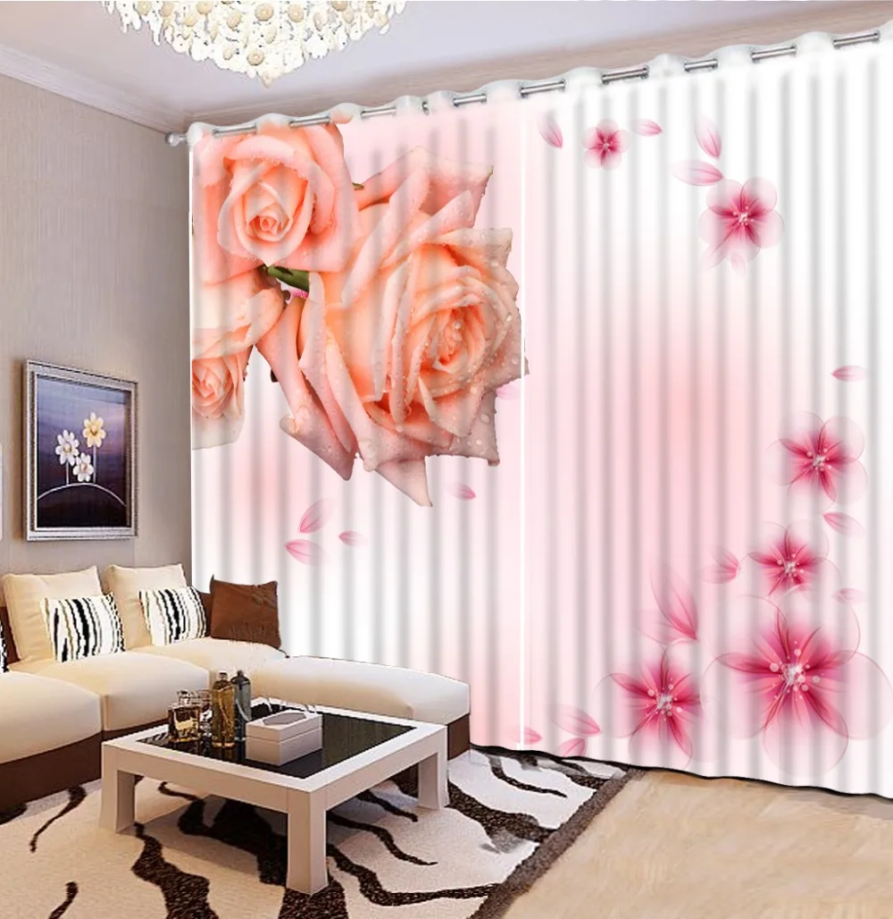 

High quality pink flower rose custom curtains living room window cotton window curtains decorative home decor
