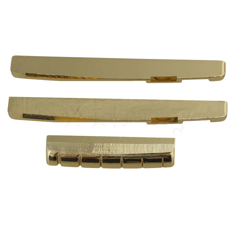 

Yibuy Golden Brass Two 7.6cm Bridge Saddle and 4.3cm Slotted Nut Replacement Parts for Folk Guitar