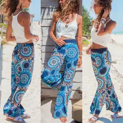Большие размеры 2019 женские летние повседневные пляжные брюки ретро цветочный принт богемный широкие брюки с высокой талией широкие брюки