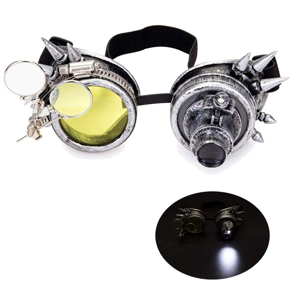 

Halloween Steampunk Goggles Cosplay Party Gothic Goggles with Light Bulbs and Magnifying Glass Halloween Prop