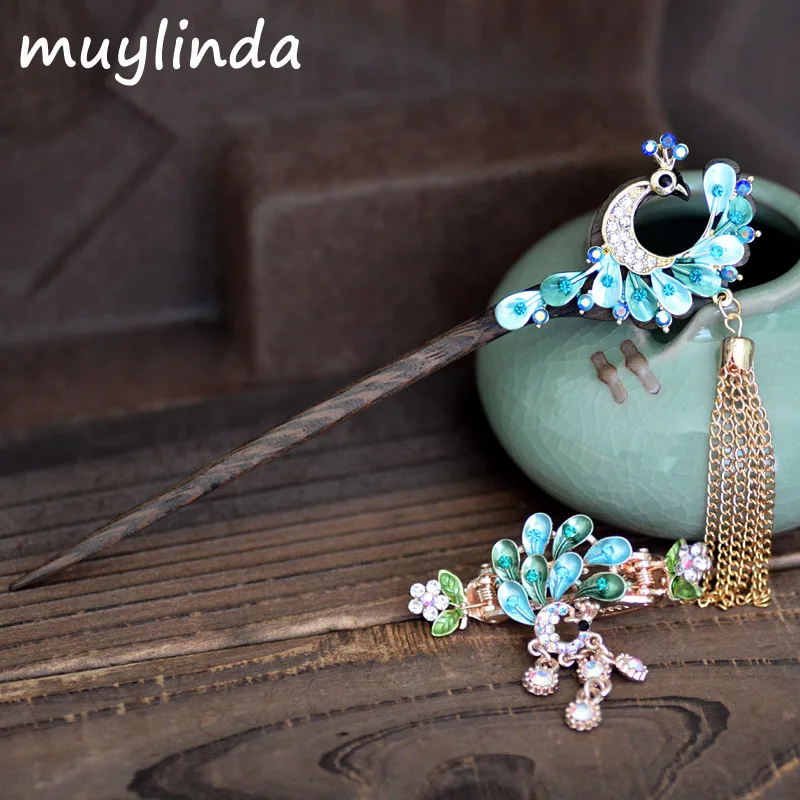 

Retro Peacock Charm Hair Stick Painting Chinese Style Vintage Hair Clip Jewelry Women Party Banquet Hair Accessories