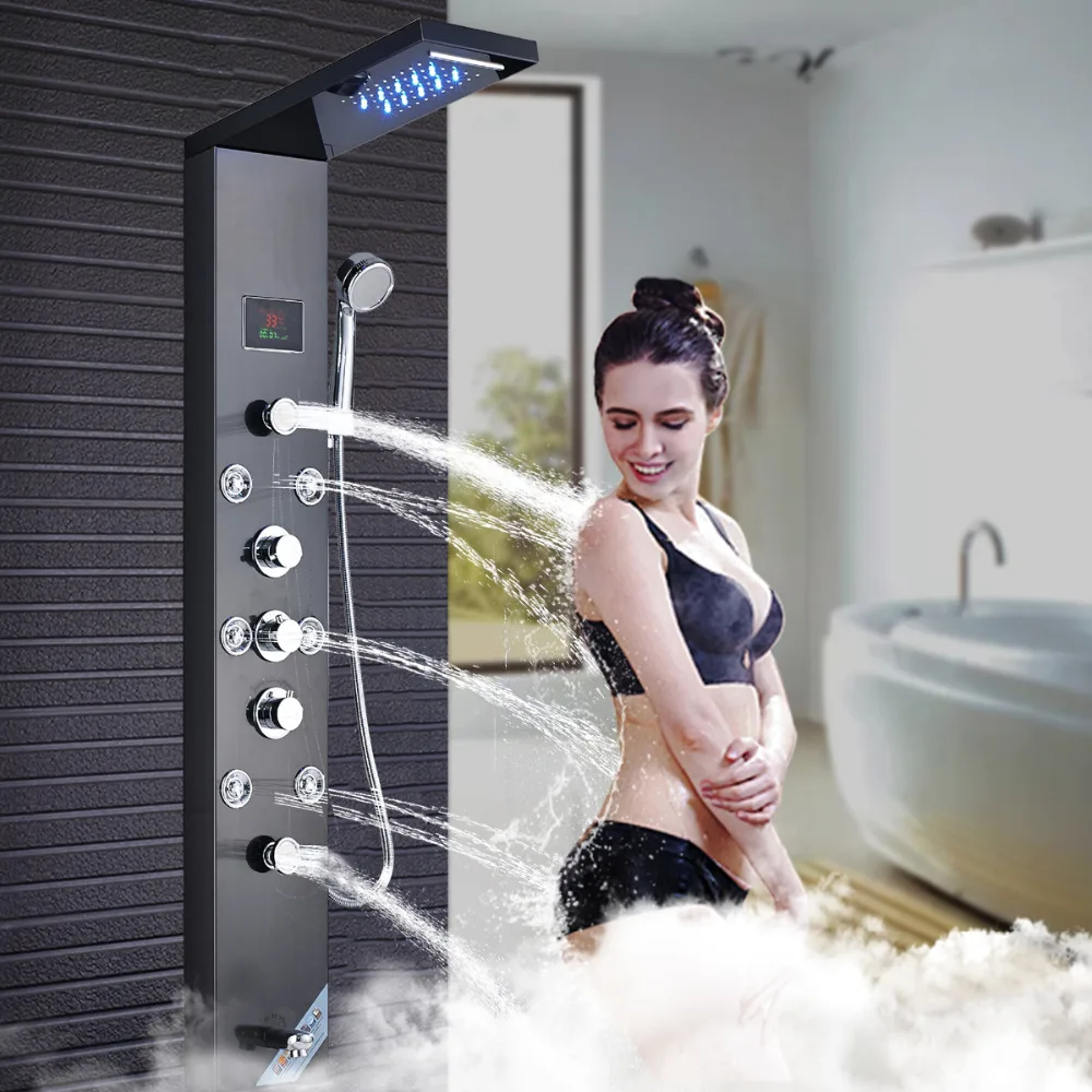 

Bathroom LED Shower Head Faucet Black Rain Waterfall Shower Panel Set Body Jets with Hand Spray Wall Tub Spout