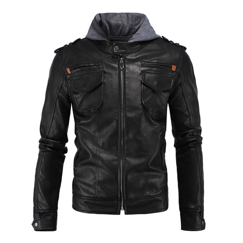 

Herobiker Retro Windproof Motorcycle Jacket Man Black Moto Jacket With Hat Hoodie Punk Faux Leather Jacket Motorcycle Size M-5XL
