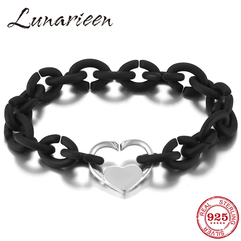 

925 Silver White Enamel Heart charms Men bracelet Black Hard Rubber Strand Bracelets for Women accessories European Jewellery