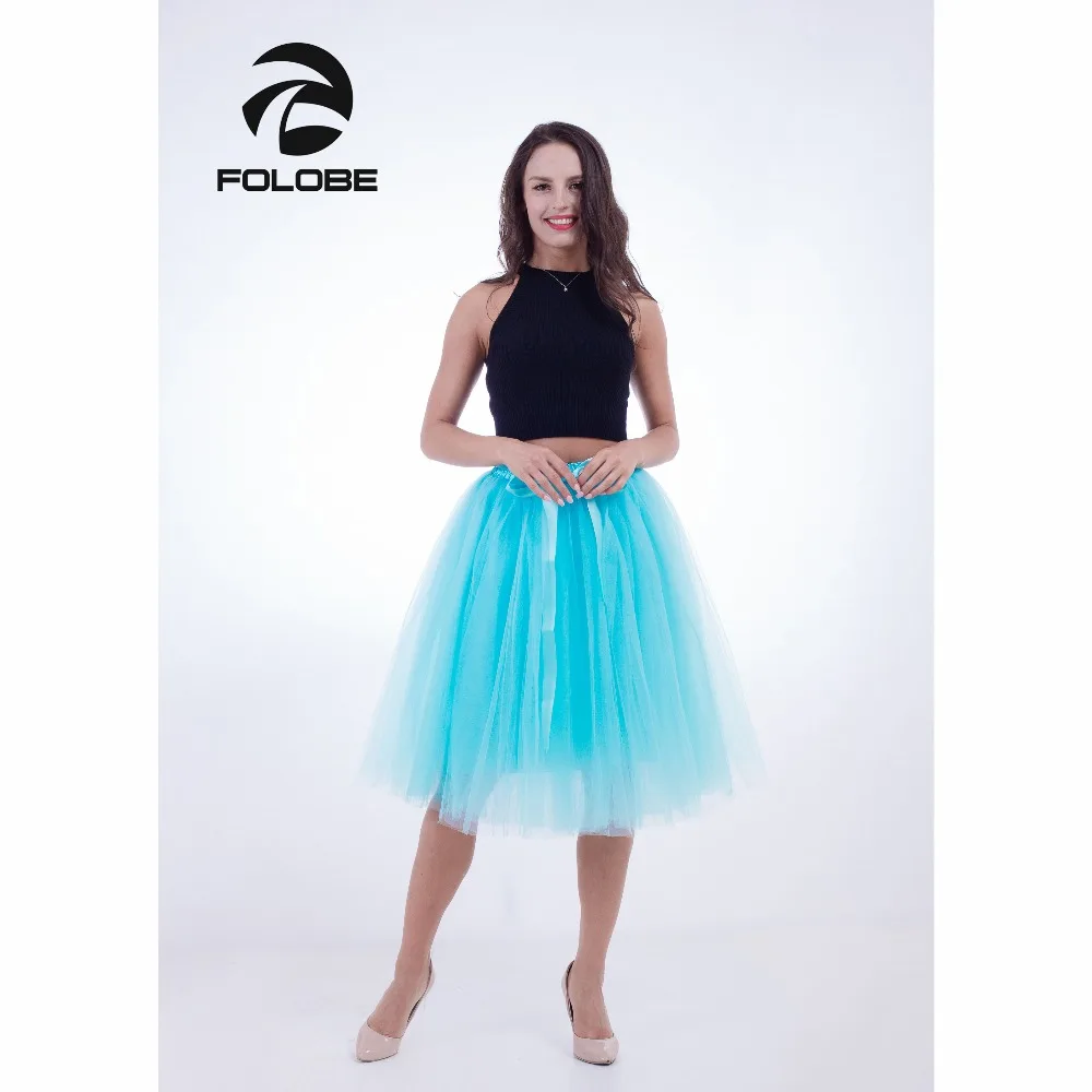 FOLOBE Sky Blue 7 Layers Midi Tulle Skirts Casual Tutu Skirts Cosplay Tutu Petticoats faldas