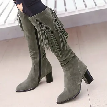 

Ladies Flock Snow Boots Square High Heel Knee High Boots Zipper Pointed Tow Winter Warm Plush Women Shoes Beige Green Black