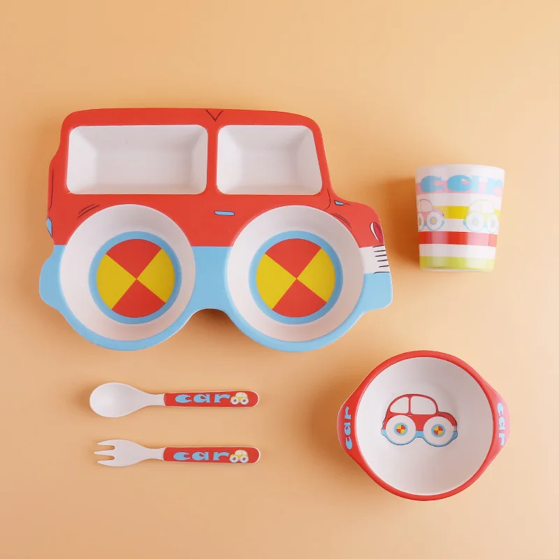 

5Pcs/Set Children Car Shape Bamboo Fiber Tableware Set Baby Feeding Plate Dinnerware Dishes Bowl Spoon Fork Food Container