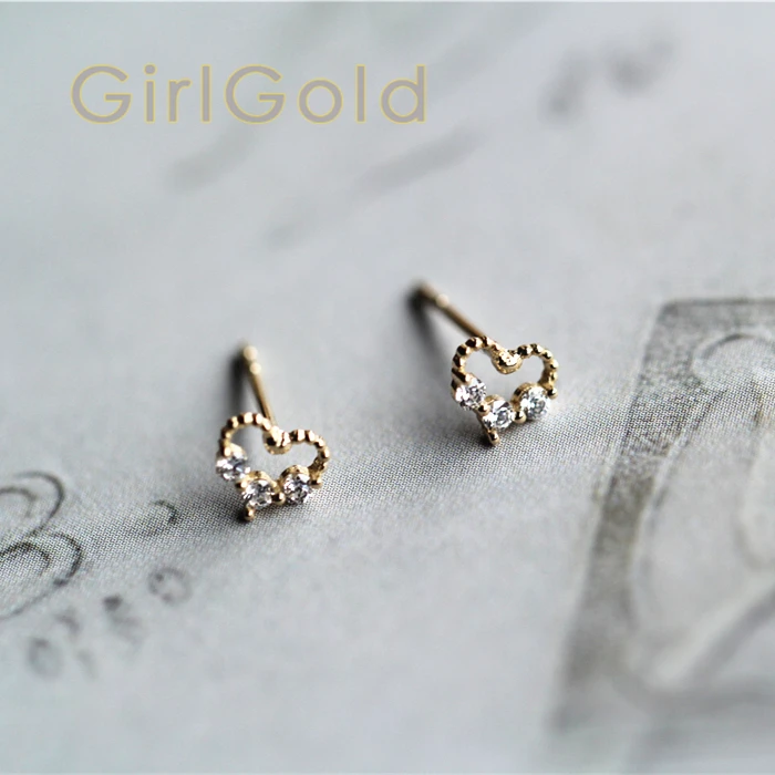 

14K Solid Gold Crystal Dainty My heart be my valentine Stud Earring Jewelry Simple Minimal Style Victorian Vintage retro