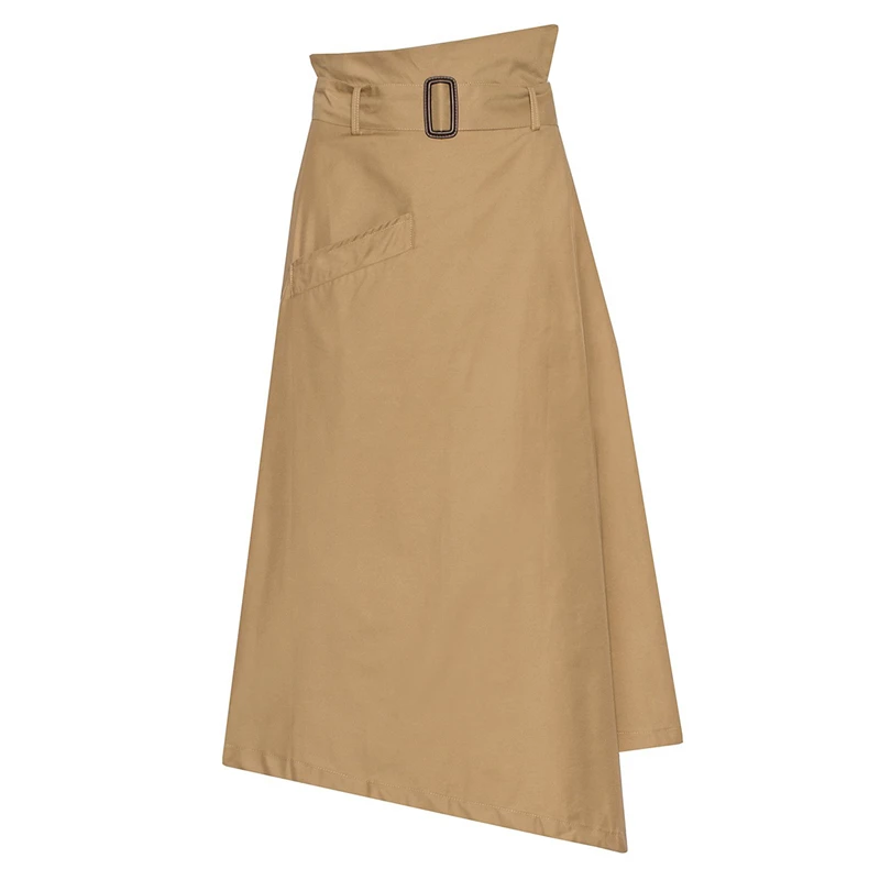 

Khaki belted high waisted asymmetric wrap dresses women ladies spring formal OL irregular A line calf length skirts for work