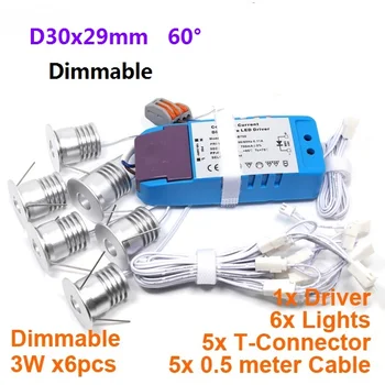 

D30x29mm 110V 220V Mini Ceiling LED Spot Light Lamp Dimmable 3W Downlight 6pcs/set With Driver ,Cable ,Connector Free Shipping