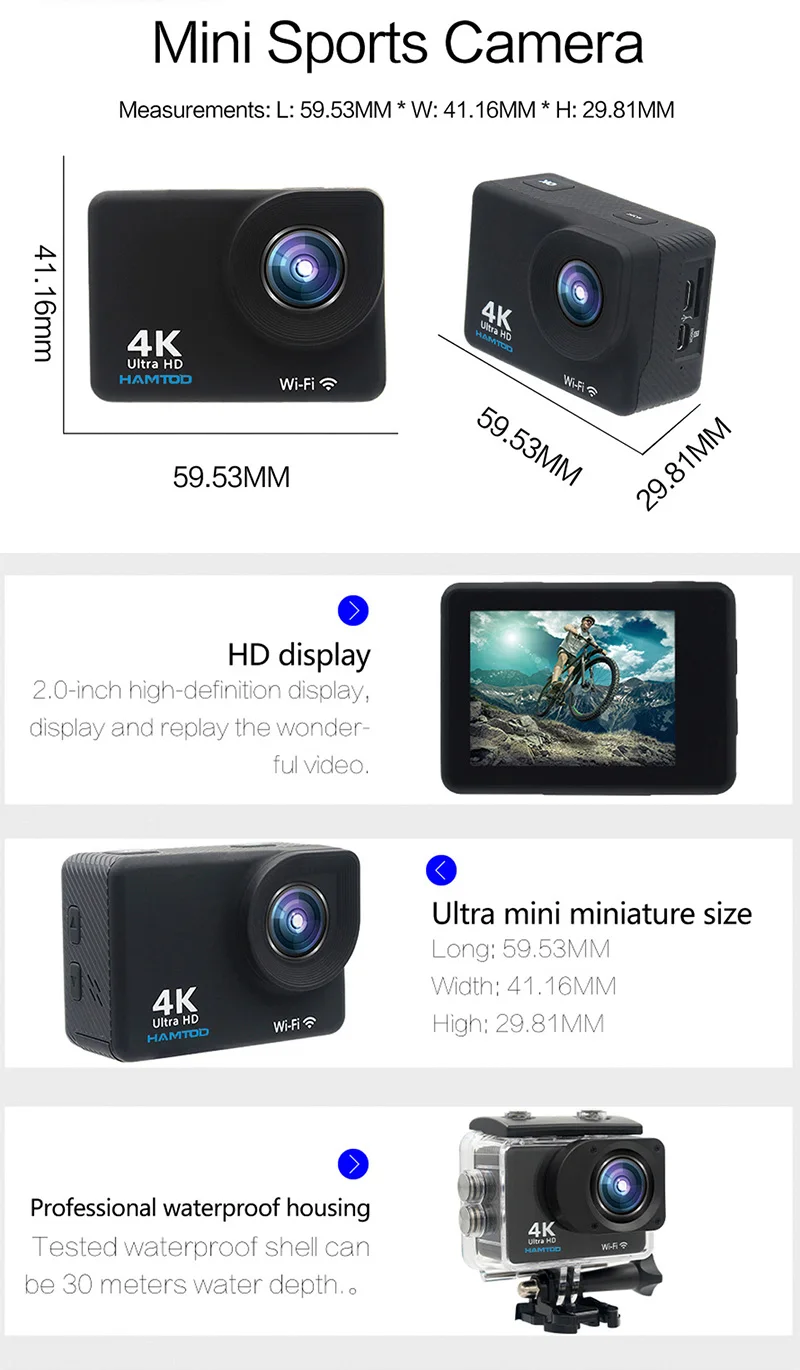 HAMTOD H2A 4K WiFi экшн-Камера 2," lcd сенсорный экран 1080P HD Дайвинг Водонепроницаемая мини видеокамера спортивная видеокамера 170 градусов