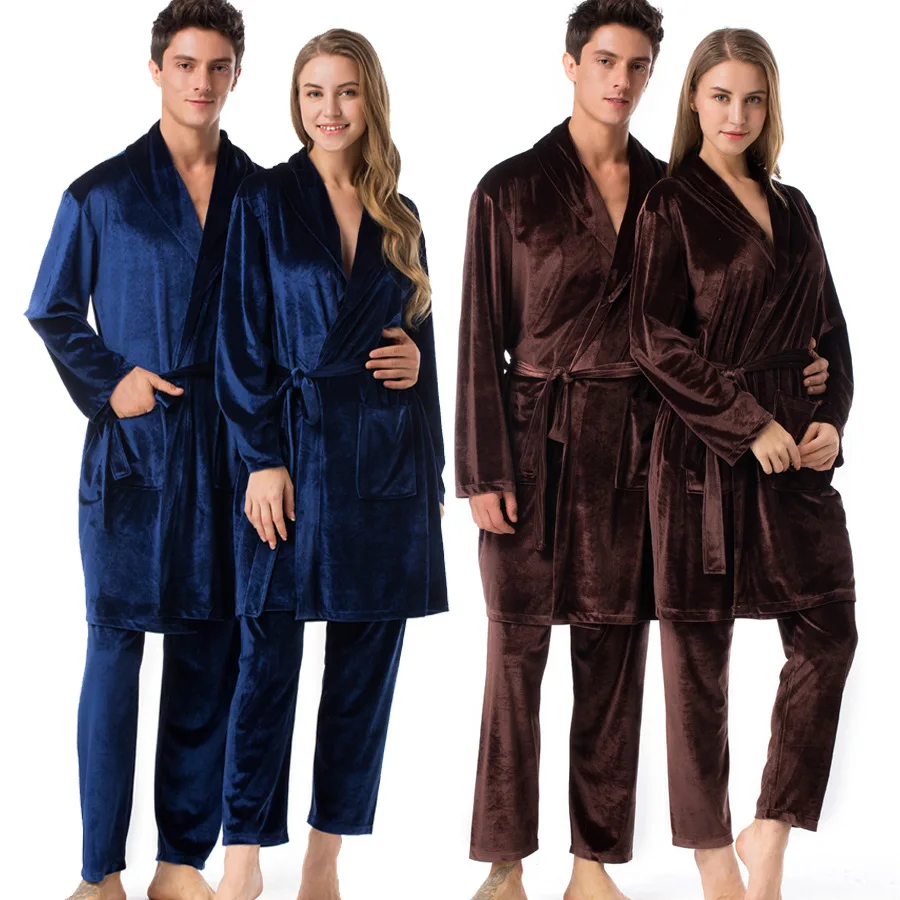 

2019 autumn and winter new gold velvet couple pajamas robe trousers two-piece suit robe home service pajama set
