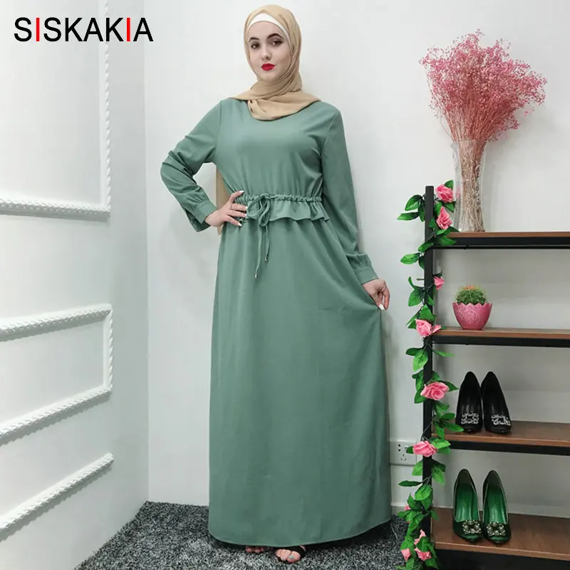 

Siskakia Brief Sweet Casual Muslim Long Dress Light Green Solid Summer 2019 High Waist lace Up Stringy Selvedge Maxi Dresses New