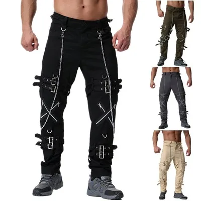 

Punk style metal chain men's trousers trend hip hop high street straight trousers plus size casual street nightclub sweatpants