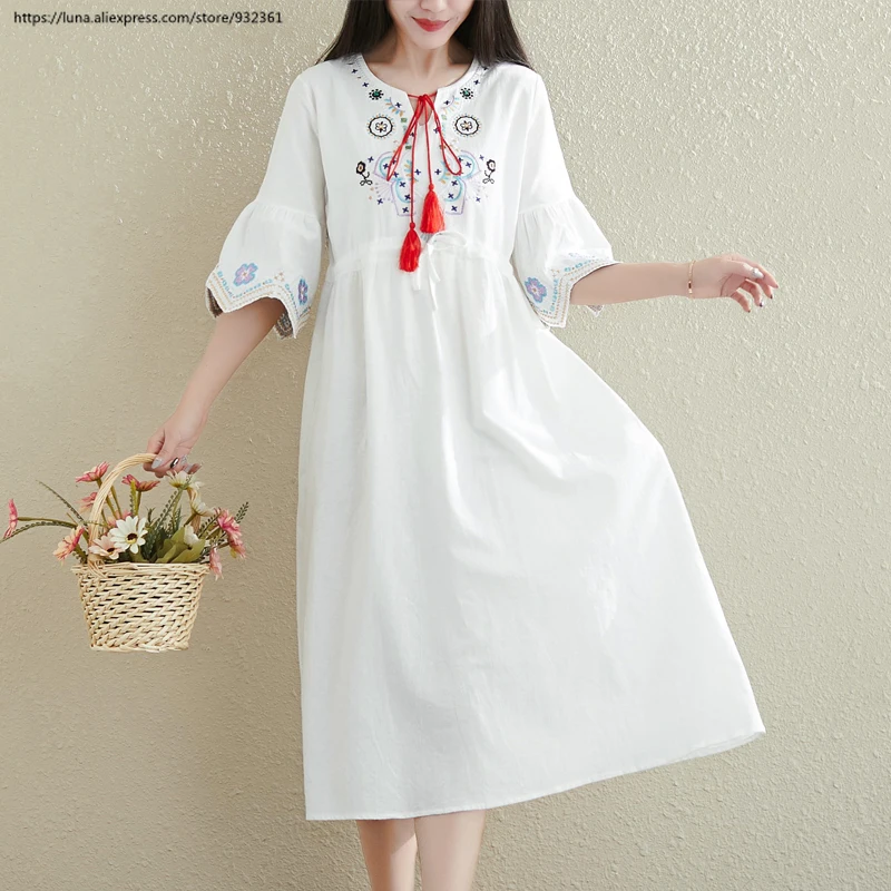 

Women Summer Vintage Long Dress boho Floral Embroidery Dresses Womens Blouse Girl Top Cotton Linen clothes White Blue Red
