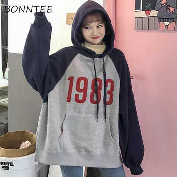 

Hoodies Patchwork Hooded Oversize Plus Velvet Korean Style Women Chic Printed Letter Batwing Sleeve Sweatshirts Womens Pullover