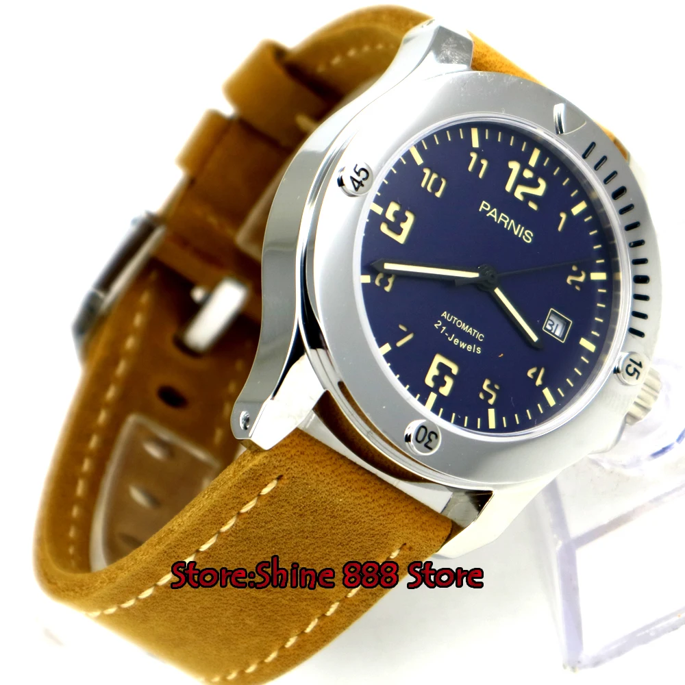 

43mm parnis blue dial date sapphire crystal miyota 821A automatic mens watch