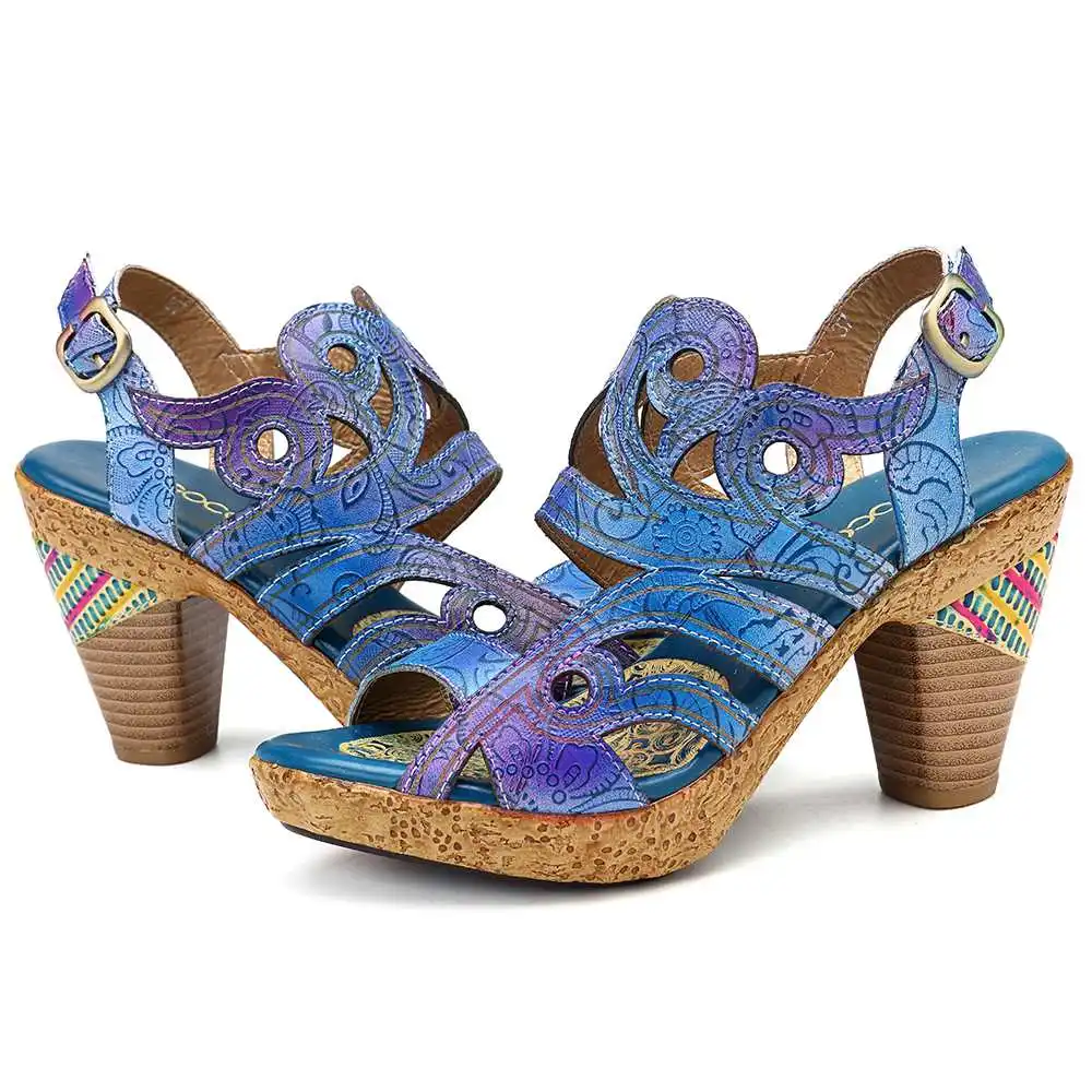 SOCOFY التدرج اللون جلد طبيعي الجوف ريترو الأوردة مريحة فتح الصنادل المرأة الأنيقة أحذية صندل صيفي بكعب عال