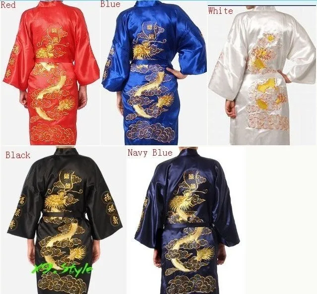 Double-Face Chinese Dragon Silk Men/'s Kimono Robe Gown Bathrobe Robes Dark blue