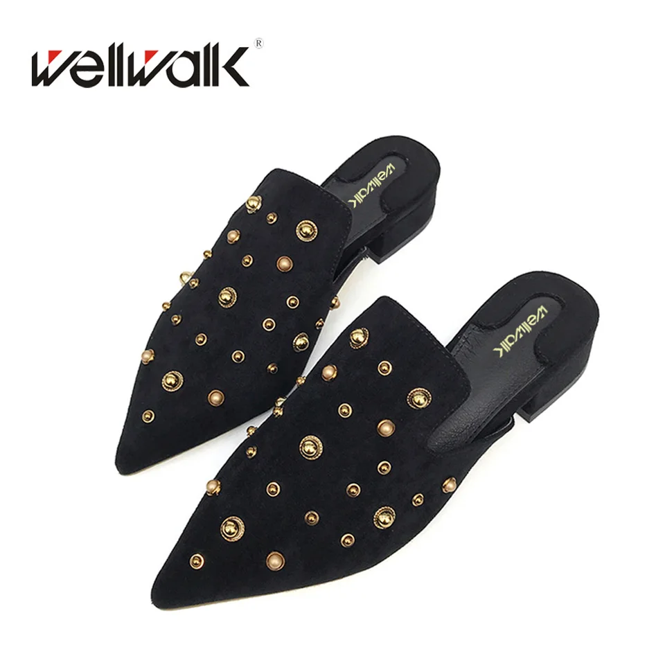 Ladies Shoes 2018 Fashion Velvet Women Flat Mules Pointed Toe Women Slippers Flock Square Heel Shoes High Quality Women Shoes