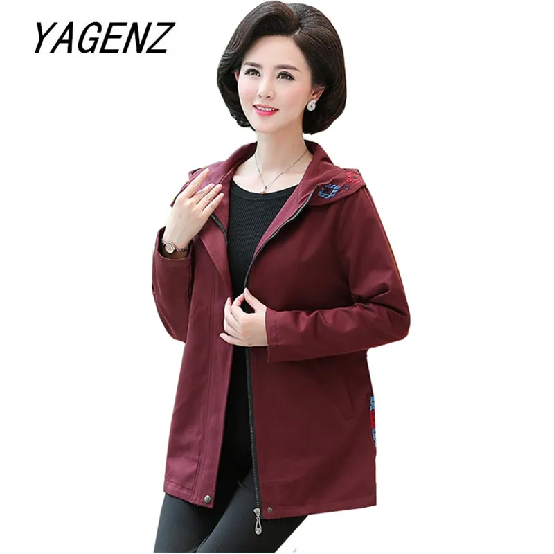 

Large size Women hooded Trench coat spring and autumn long sleeve slim overcoat Middle-aged female windbreaker Casual top 5XL