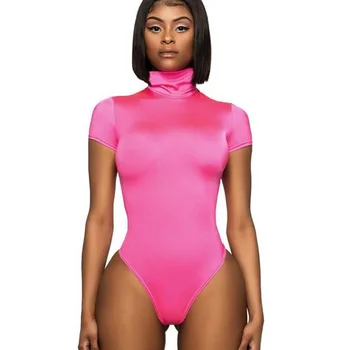 

Hot Style Sexy Solid High Neck Short Sleeve Sexy Bodysuits Women Bodycon Bodysuiys