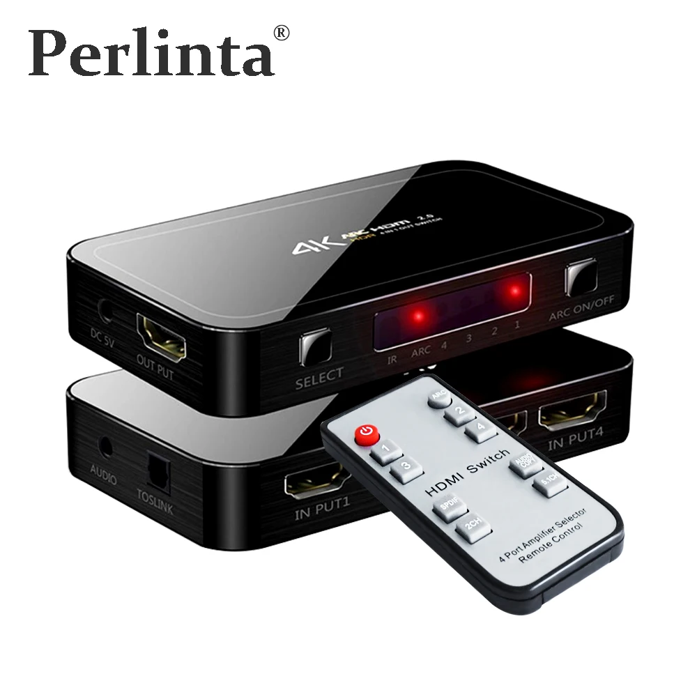 

Perlinta HDMI Switch 4 TO 1 4Kx2K@60Hz ,Button and Remote Dual Control HDMI 2.0 Switcher with Optical TOSLINK SPDIF, 3.5mm Audio