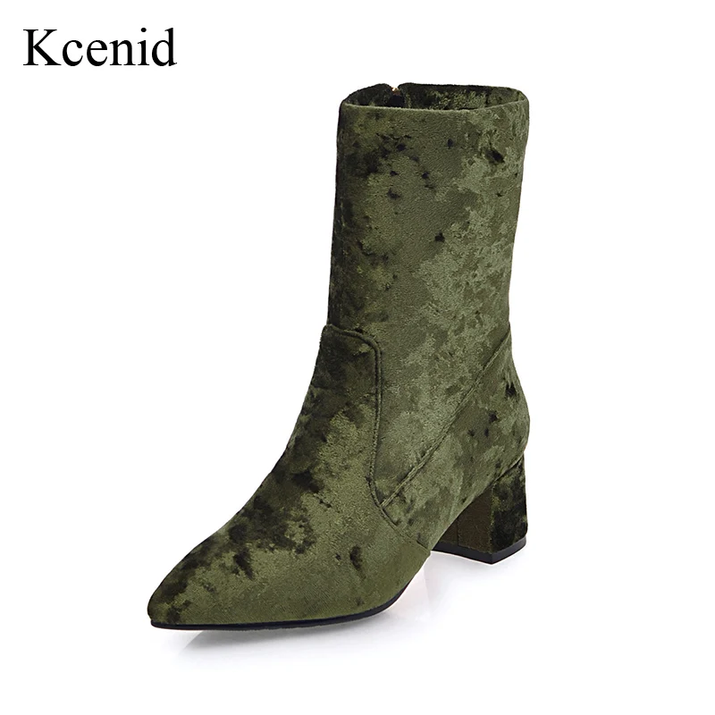 

Kcenid Plus size 33-43 new autumn winter popular velvet shoes woman fashion pointed toe side zipper med heels green ankle boots