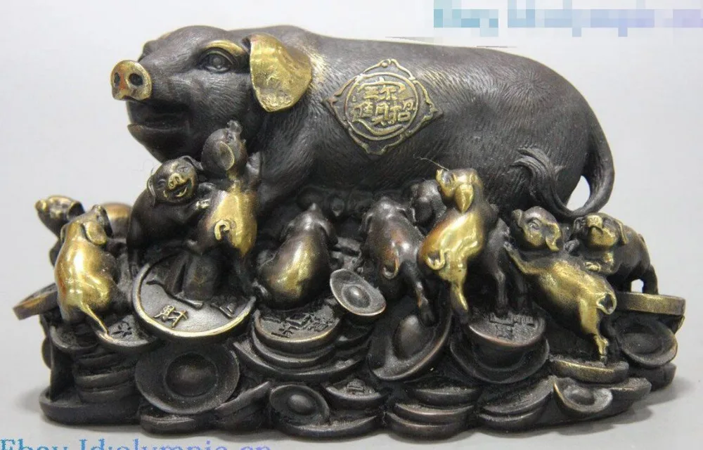 China brass feng shui sculpture carved money Sycee Yuab Bao many pigs Statuestatues religious