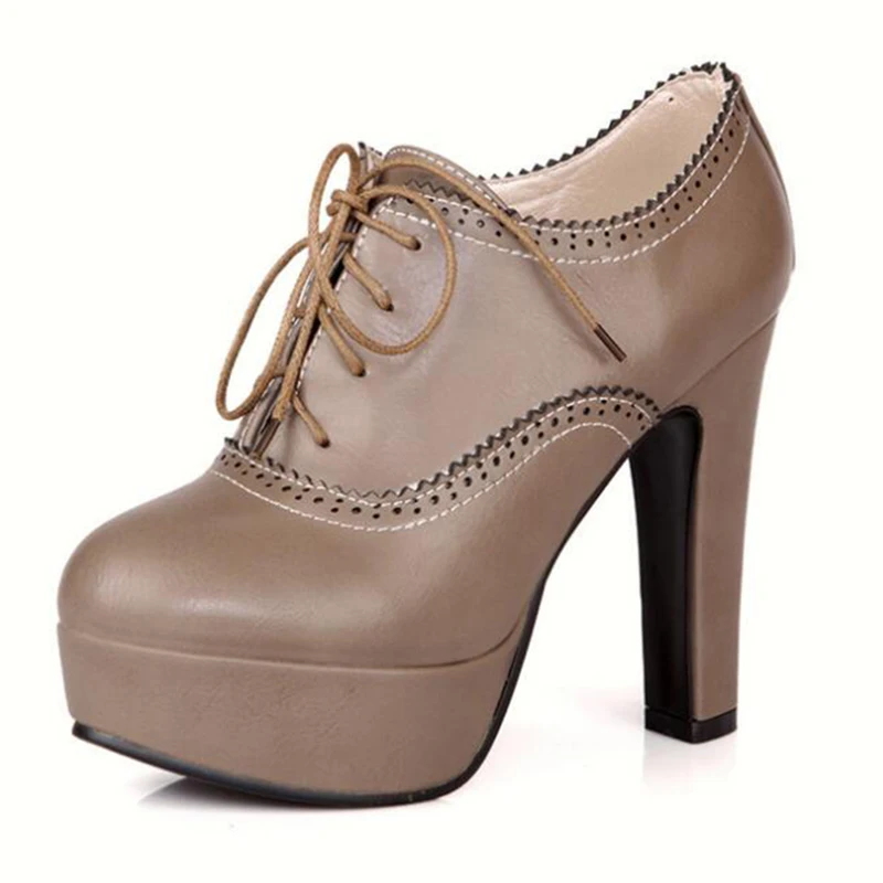 COVOYYAR/ г., винтажные женские туфли-лодочки на платформе туфли-оксфорды с вырезами Женские ботильоны на высоком квадратном каблуке со шнуровкой большие размеры, WHH652 - Цвет: Хаки