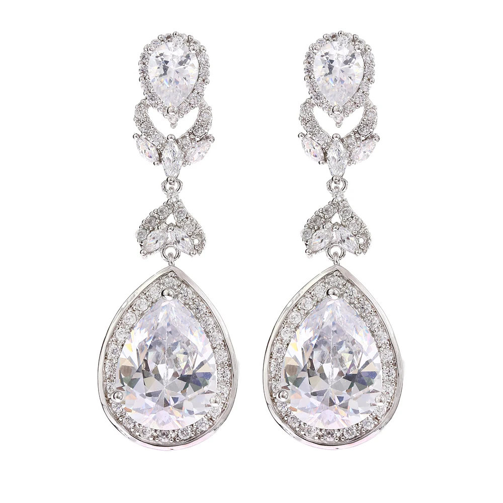 Wedding Lady Earrings Sparkling CZ Stone Rhodium Plated Jewelry Charming Lady Drop dangle