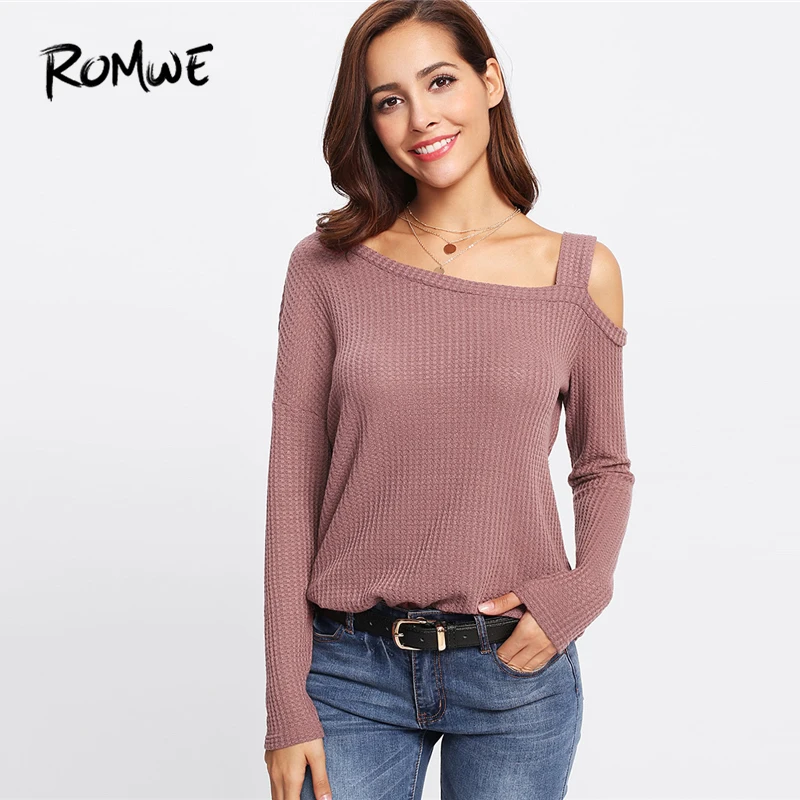 

ROMWE Pink Slit Side Asymmetrical Neck Tops Long Sleeve Elegant Womens Clothing Autumn Plain T Shirt Fashion Stretchy Top Tee