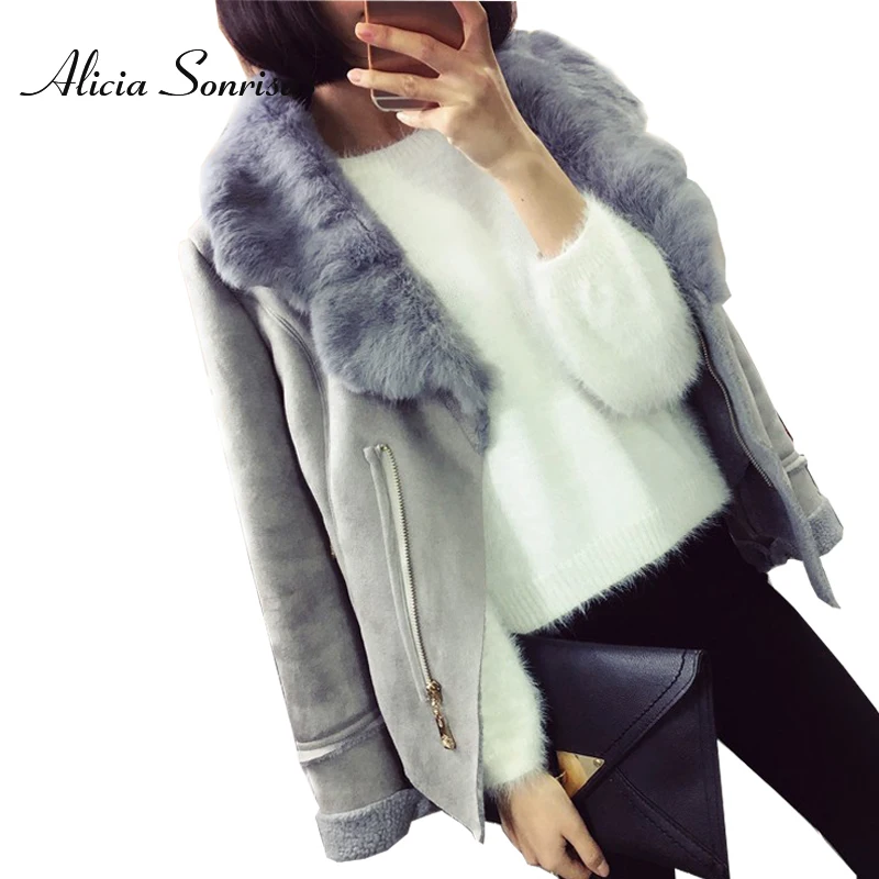 

New Winter Faux Shearling Sheepskin Coat Women Suede Jacket 3 Colors Real Rabbit Fur Collar Grey Black Leather Jackets