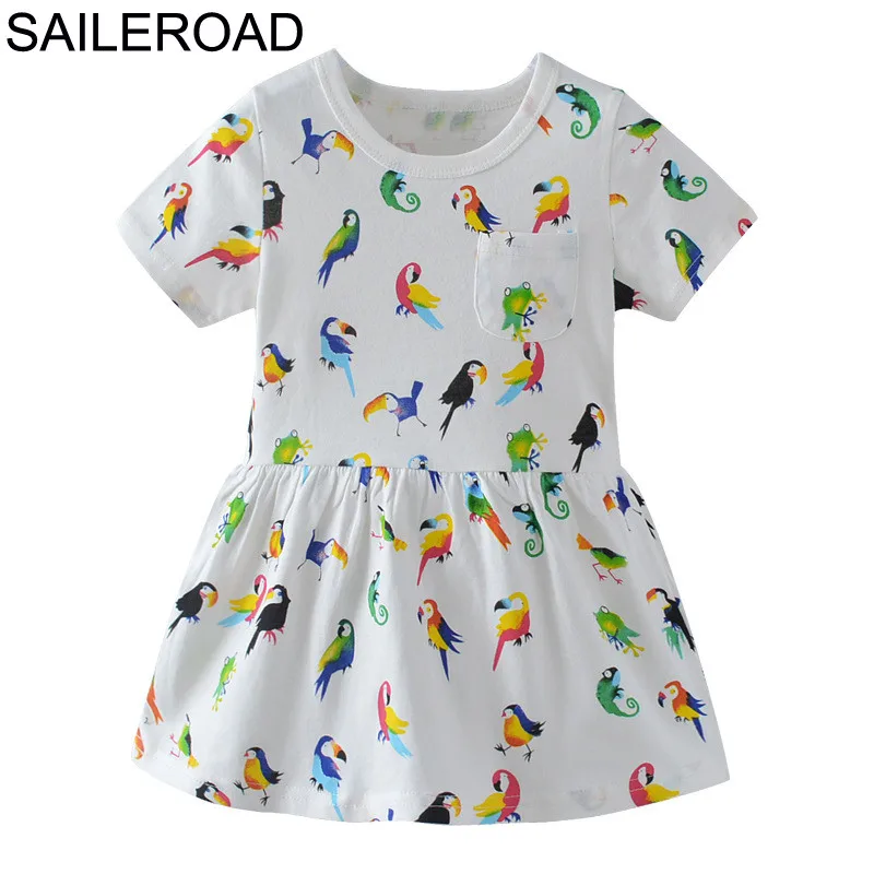 

SAILEROAD 2-7Years Animal Parrot Pattern Child Girls Drees Summer Baby Girl's Vestido 100% Cotton Toddler Kids Tops Tees Dress