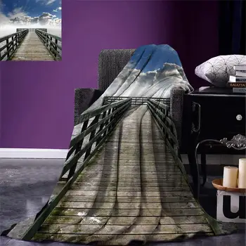 

Seascape Throw Blanket Seaside Banister Clouds Beige Foggy Morning and Ocean Seascape View Image Warm Microfiber