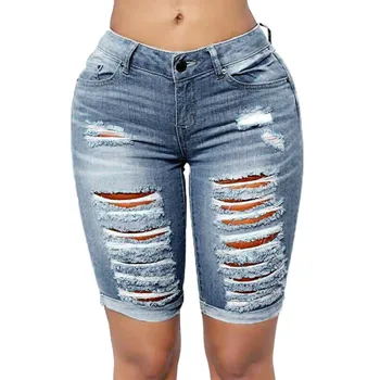

New Women Summer Elastic Waist Short Jeans Denim Female Pockets Wash Denim very unique and breathable Shorts c0410