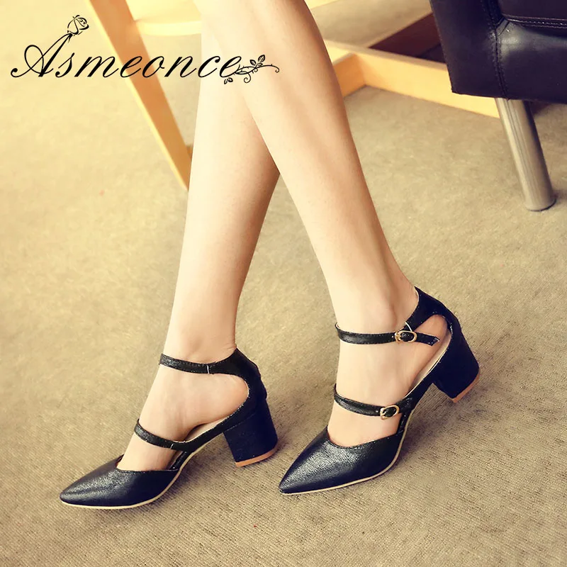 

Women Pumps Crackle Leather Shining Buckle Strap D'Orsay Thick High Heels Woman Sandals Pointy Summer Shoes Plus Size 45