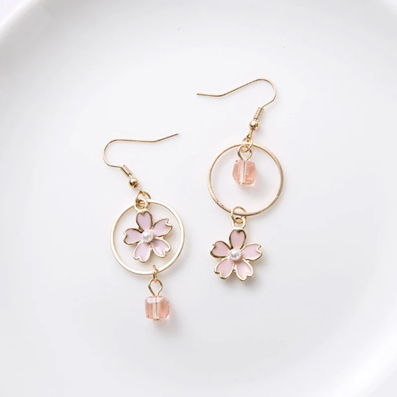 Romantic Sweet Enamel Pink Cherry Blossoms Flower Earrings Asymmetry