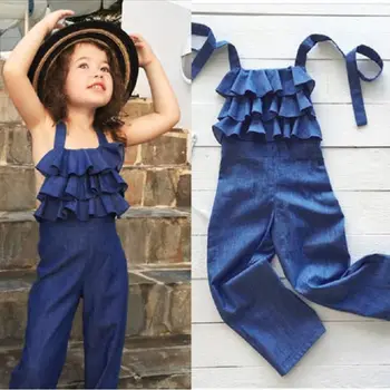 

2018 New Summer Kids Girl Halter Denim Blue Bib Pants Romper Ruffles Backless Sleeveless Jumpsuit Playsuit Casual Outfit Clothes